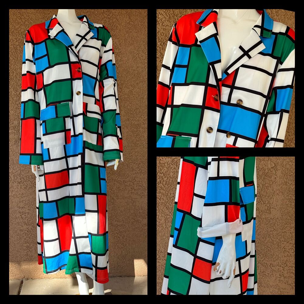 Women's 3X Mondrian Print Full Length Double Breasted Jacket Pockets Trench Coat